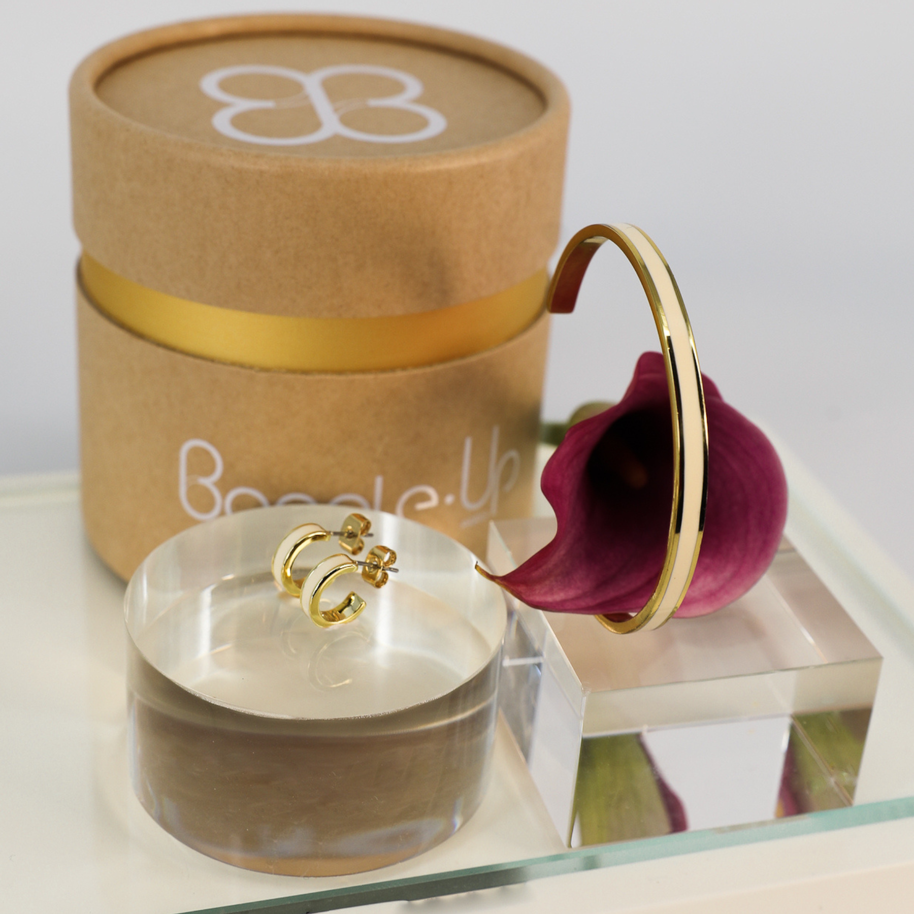 Coffret Jonc et Mini Créoles Bangle - Blanc Sable