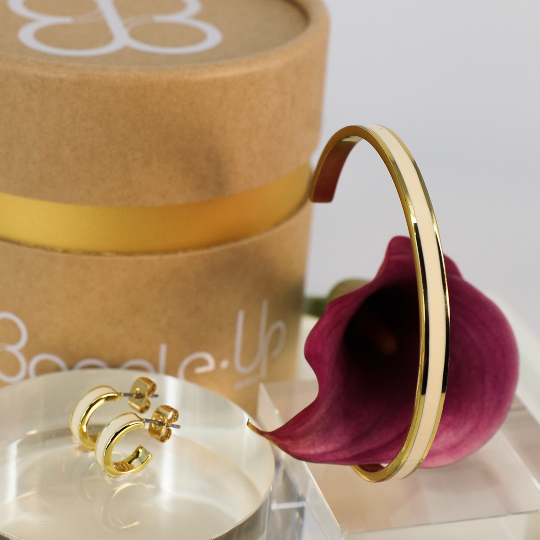 Coffret Jonc et Mini Créoles Bangle - Blanc Sable